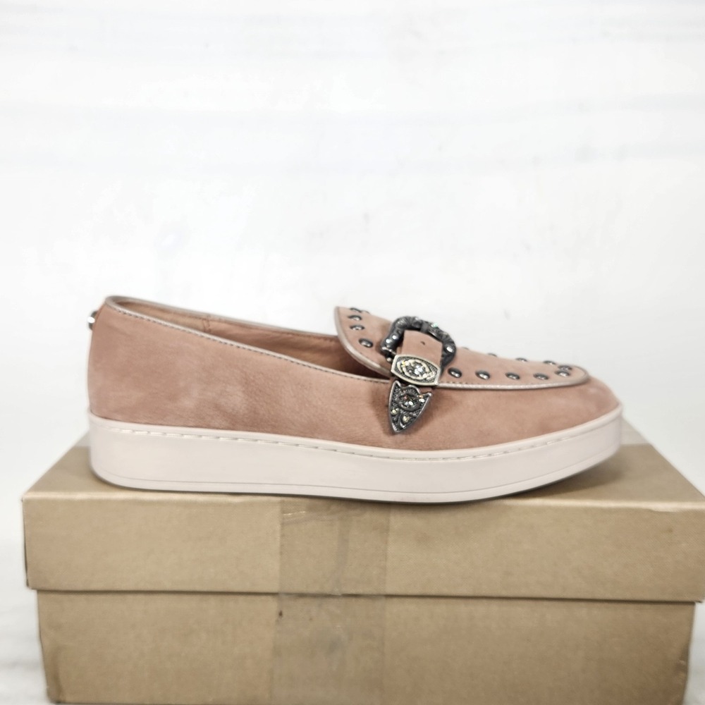 Donald Pliner Loafers Women Size 7 Taupe Studded Buckle Platform Suede Shoes